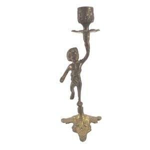 Vintage Brass Cherub Candlestick Holder Ornate Putto Figure Footed Base 8 inch